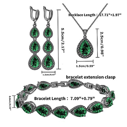 LMXXVJ Necklace Long Earrings Bracelet Set, White Gold Plated Created Blue Sapphire Jewelry Set Wedding Party Gift Jewelry for Women Bridal Bridesmaid - color: Black Gun-Green