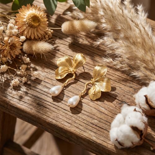 Chunky Gold Plated Flower Statement Drop Earrings for Women | Hypoallergenic 18K Gold Plated Textured Petal Wing, Large Statement Dangle Earrings for Wedding Party - color: Three Petals Pearl