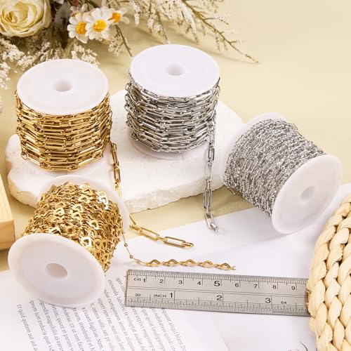 SMYHTGLIF 5 Meters Heart Chain for Jewelry Making Stainless Steel Chain | Permanent Jewelry Chain Bulk Craft Chain Roll with Jewelry Findings - color: Heart Gold