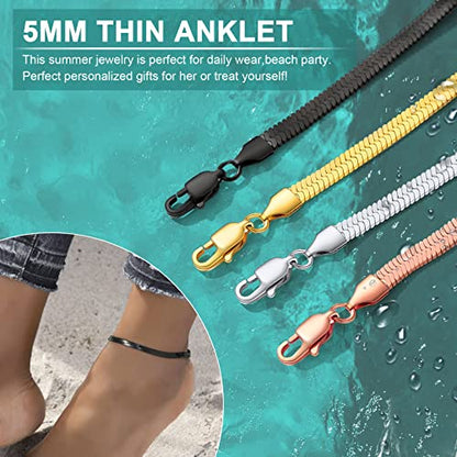 GoldChic Adjustbale Link Chain Anklet for Women Summer Jewelry, 316L Stainless Steel Figaro/Wheat/Twist Rope/Cuban Foot Bracelet-Waterproof, Resizable 9"-12" (Gift Box Included) - color: 6, Herringbone - Black-5mm