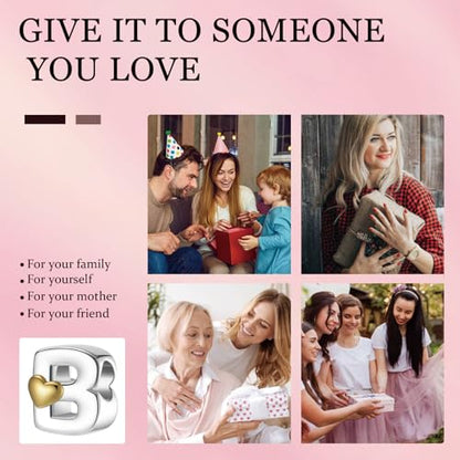 A~Z Alphabet Charm Letter Beads 925 Sterling Silver with Heart-shaped 5A Cubic Zircon Stones fits Pandora European Bracelets Necklace Jewelry Gift for Women - style: B Letter Charms