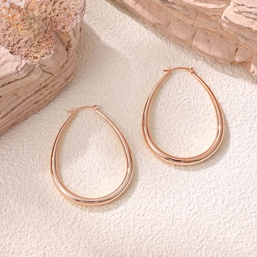 Gacimy Chunky Hoop Earrings for Women, 14K Gold Plated Oval Hoop Earrings with 925 Sterling Silver Post - color: Rose Gold, size: 50mm