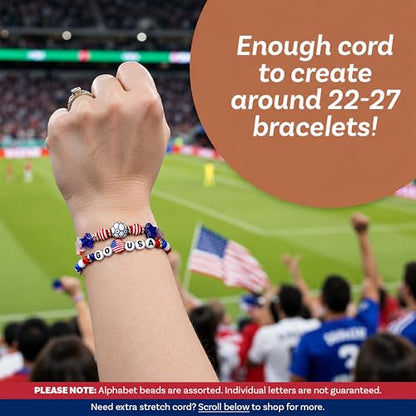 The Beadsmith USA Bead Mix Assortment – Red White and Blue Beads with American Flags & Soccer Balls, Includes 5.4 yd (16.1 ft) Stretch Cord in 0.8 mm Dia, 250 Anniversary USA Merchandise Beads