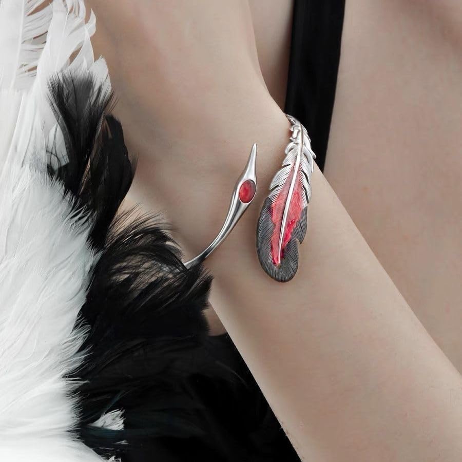 Innocence S925 Silver-Plated Antique Wide Feather Cuff Bracelet For Men Women Adjustable Retro Twisted Feathers Bracelets Gift Jewelry - color: Feather E