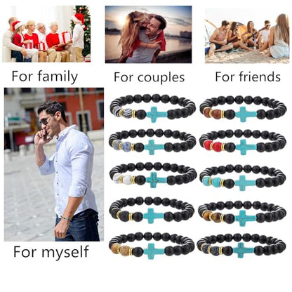 Beaded Bracelets Cross Bracelet for Women Men Lava Rock Turquoise Tiger Eye Natural Bracelet Anxiety Healing - color: 10 Pcs- Z (green cross)