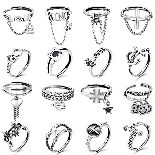 TAMHOO 9/12/15/16 Pcs Open Rings Set for Women with Sparkling Cubic Zirconia- Finger Rings Pack Stackable Rings for Teens,White Gold/Rose Gold/Gold Tone Rings for Girls - style: #4-16pcs/Gothic rings