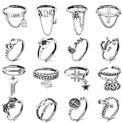 TAMHOO 9/12/15/16 Pcs Open Rings Set for Women with Sparkling Cubic Zirconia- Finger Rings Pack Stackable Rings for Teens,White Gold/Rose Gold/Gold Tone Rings for Girls - style: #4-16pcs/Gothic rings