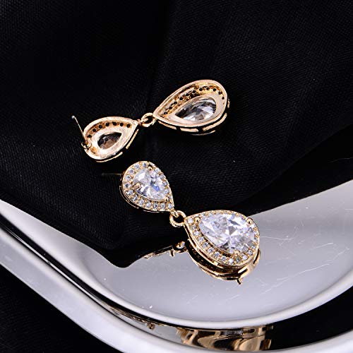Pave Teardrop Earrings for Wedding Sterling Silver Double Pear Shaped CZ Cubic Zirconia Crystal Rhinestone Birthstone Dangle Earrings Bridal Jewelry for Bride Bridesmaids - color: Luxurious Gold