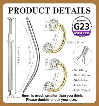 G23 Titanium Horseshoe Nose Ring 20G, 2 Pcs Double Gem Nose Ring for Women, 6mm 7mm 8mm Hypoallergenic Horseshoe Nose Rings Helix Tragus Earring Hoops Labret Lip Piercing Jewelry Small Septum Rings - color: 20G-6mm+7mm-2 Pcs Gold-White CZ
