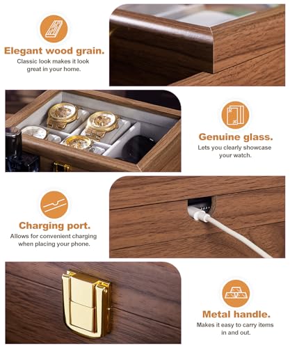 Homde Wooden Watch Box for Men: 3-Layer Organizer with 4 Watch Pillow | 4 Watch Pillows and 2 Drawers for Jewelry and Accessories-Nightstand Display-Clear Lid and Charging Hole for Easy Access