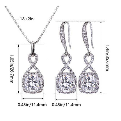 AMYJANE Crystal Jewelry Set for Women - Sterling Silver Square Cubic Zirconia CZ Bridal Pendant Necklace Earrings Set for Wedding Bride Bridesmaids Birthstone Fashion Jewelry Set - color: Clear