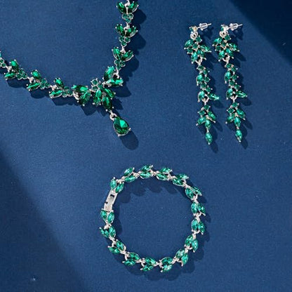 Paxuan Wedding Jewelry Sets for Bride Bridesmaid Bridal Jewelry Set for Women Wedding Crystal Necklace Earrings Bracelet Set for Party Prom Jewelry - color: Emerald Green - Silver