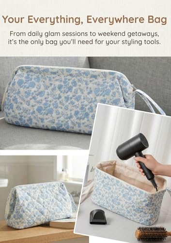 TeeYee Nylon Hair Tools Travel Bag for Dyson Airwrap Quilted Toiletry Bag | Travel Storage Bag for Shark Flexstyle/Curling Iron,Water-repellent,Wide-open,Well-structured,Heat-safe lining,001blueflower - color: Blueflower