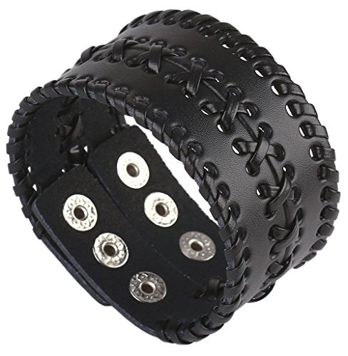 Leather Bracelet for Men Braided Stainless Steel Mens Bracelets - color: Black 3