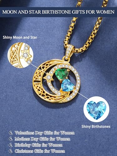 14K Gold Moon and Star Double Birthstone Necklace Gifts for Women | 2 Heart Birthstone Necklace,Mothers Day Wedding Anniversary Birthday Gifts for Wife Mom Daughter Grandma Sister - color: 05-12-May-Dec Birthstone