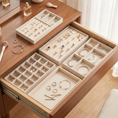 10 Pack Velvet Jewelry Trays – Stackable Drawer Organizer Inserts, Beige Jewelry Storage and Display Trays for Necklaces, Rings, Earrings & Bracelets