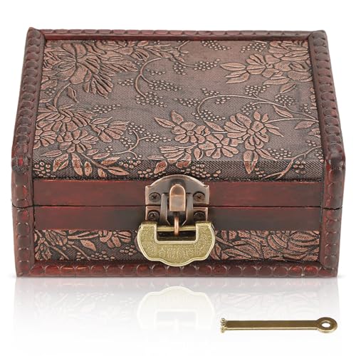 HERCHR Wooden Treasure Chest Box with Key and Lock, Retro European Style Wooden Jewelry Storage Box Memory Keepsake Letter Treasure Chest Lockable with Hinged Lid for Home Decor