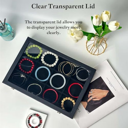 Black 12 Grid Jewelry Organizer Display Box with Transparent lid Bracelets Display Case Bracelet Box with Clasp Bangle Organizer Drawer Insert Bangle Brooch,Gift for Women Girls(12 Grid) - color: 12 Grid