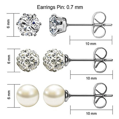JewelrieShop Birthstone Studs Earring Set Cubic Zirconia Rhinestones Crystal Ball Faux Pearl Stainless Steel Stud Earrings for Women Jewelry Gift (6mm Round,3 Pairs) - color: 4) Apr. - White