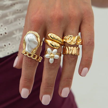 Gold Rings for Women Non Tarnish Boho Stackable Adjustable Open Rings Set Finger Knuckle Stacking Ring Packs Jewelry Gift - color: Gold Flower Chunky Rings 6Pcs