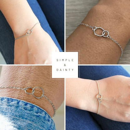 Solid 925 Sterling Silver Bracelets for Women, Dainty Interlocking Circles Cubic Zirconia Adjustable Chain Bracelet, Trendy Stackable Link Bracelets, Simple Cute Jewelry Gifts - color: Silver Interlocking Circles