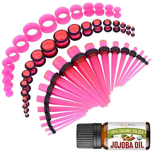 BodyJ4You 54PC Ear Stretching Kit 14G-12mm - Aftercare Jojoba Oil - Acrylic Plugs Gauge Tapers Silicone Tunnels - Lightweight Expanders Men Women - color: Transparent Pink