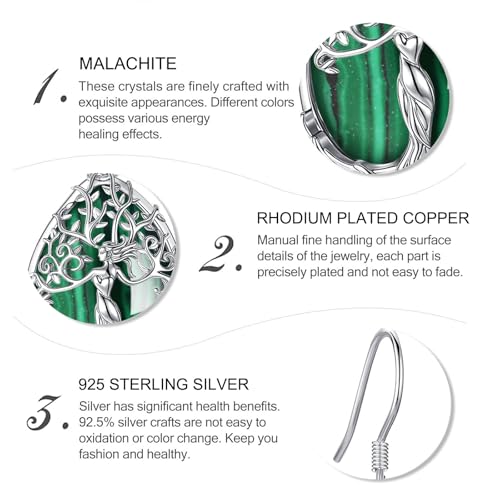 AEONSLOVE Tree of Life Crystal Earrings with Sterling Silver Ear Hooks, Dangle Drop Tree Earrings Gifts for Women - style: A01-Malachite-Teardrop