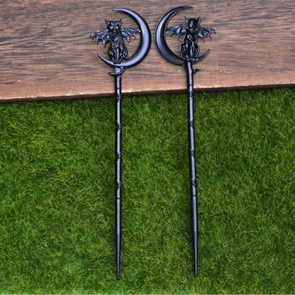 2PCS Retro Moon Crescent Hair Sticks For Women Black Metal Cat Witch Halloween Hair Accessories Hair Styling Pins (ZRTL20) - color: ZRTL20
