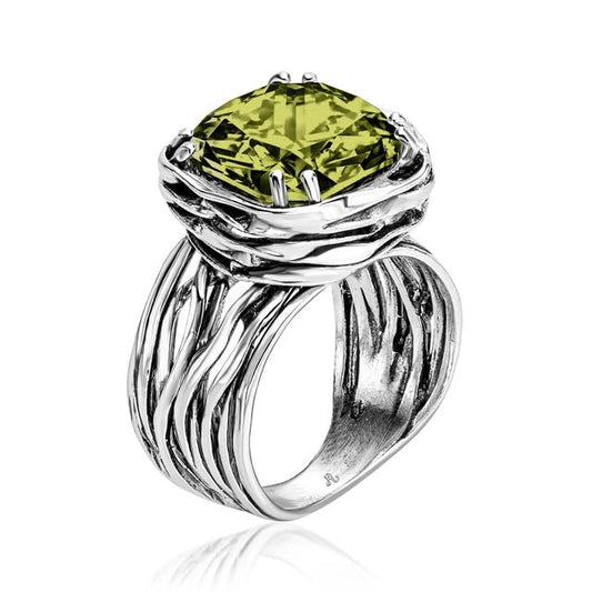 JEAN RACHEL JEWELRY 925 Sterling Silver Ring - Wrap Vintage Design with Cushion Shaped Cubic Zirconia - Hypoallergenic, Lead & Nickel Free - Artisan Handcrafted Statement Rings for Women - color: Peridot CZ