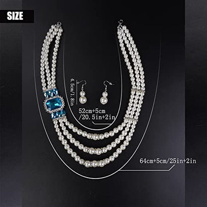 Aimimier 1920s 3-layered White Faux Pearl Necklace and Earrings Set with Crystal and Rhinestone Bridal Long Pearl Necklace Statement Women Jewelry - color: Aqua blue