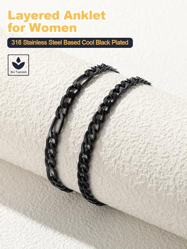 U7 2Pcs/3Pcs Ankle Bracelets for Women, Stainless Steel Cuban Link/Figaro/Rope/Heart Chain Anklets Sets,Waterproof Layered Anklets Adjustable 8.5"-10.5" - color: 01. 2Pcs Style A-Black
