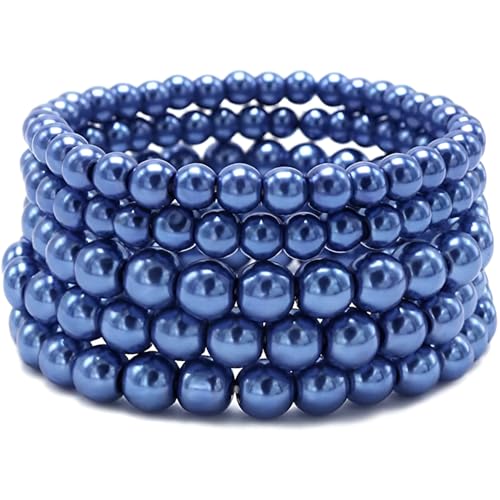 Faux Pearl Beaded Bracelets for Women Ladies Elastic Stretch Bracelet Stackable Jewelry Set Pulsera Para Mujer 5 pcs Size 6-8 MM - color: Blue