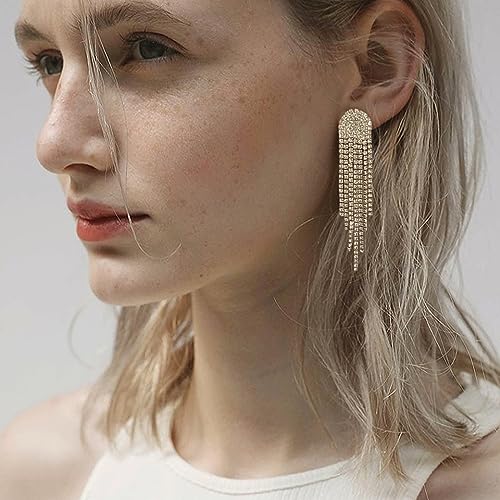 Luxval Rhinestone Earrings Dangling for Women Sparkly Silver Dangle Earrings Girls Long Chandelier Earrings Tassel Lightweight Ear Studs Cubic Zirconia Crystal Statement - color: Gold-2Pairs Tassel Sets