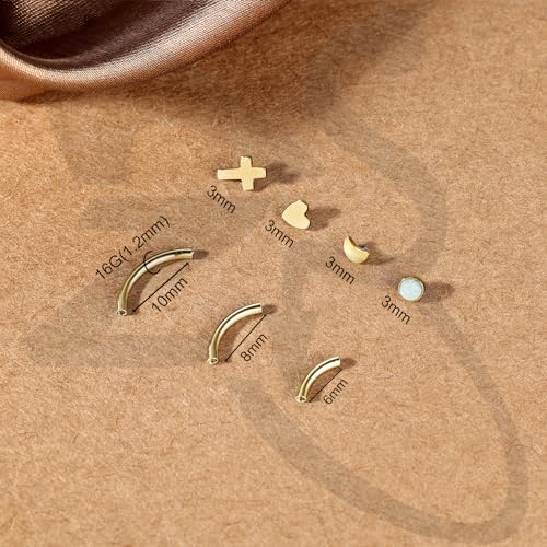 ZS Stainless Steel Eyebrow Piercing Jewelry Internal Thread Eyebrow Ring Labret Lip Jewelry Daith Rook Piercing Curved Barbell Belly Button Ring for Women Men 6mm/8mm/10mm - color: 4 Pairs Top, Gold