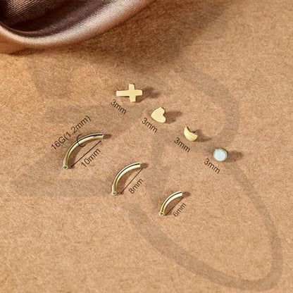 ZS Stainless Steel Eyebrow Piercing Jewelry Internal Thread Eyebrow Ring Labret Lip Jewelry Daith Rook Piercing Curved Barbell Belly Button Ring for Women Men 6mm/8mm/10mm - color: 4 Pairs Top, Gold