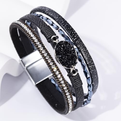 Boho Leather Wrap Bracelets Beaded Stackable Cuff Bracelet Country Concert Outfits Cowboy Cowgirl Western Jewelry Gifts for Women - color: Stone-Black