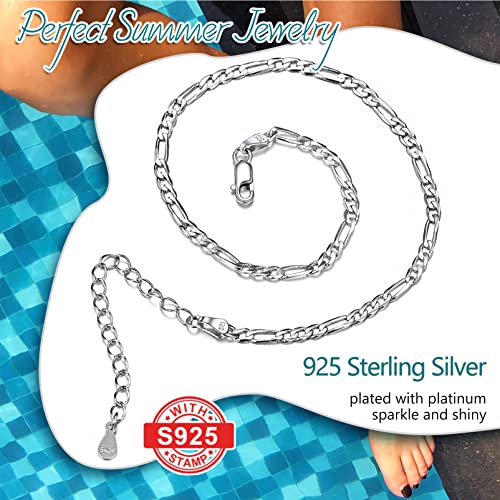 PROSILVER 925 Sterling Silver Ankle Bracelets For Women, Stylish Chain Anklets, Summer Beach Jewelry, 8.6-10.6 Inch Adjustable, Come with Box - style: 03 Figaro Anklet-3mm