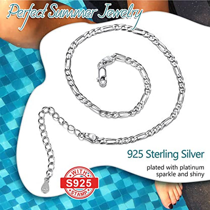 PROSILVER 925 Sterling Silver Ankle Bracelets For Women, Stylish Chain Anklets, Summer Beach Jewelry, 8.6-10.6 Inch Adjustable, Come with Box - style: 03 Figaro Anklet-3mm