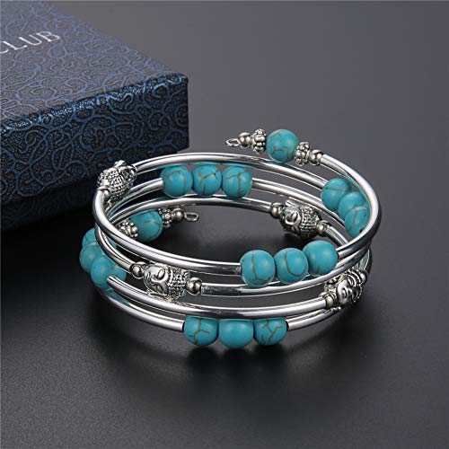 PEARL&CLUB Beaded Chakra Bangle Turquoise Bracelet - Fashion Jewelry Wrap Bracelet with Thick Silver Metal and Mala Beads, Birthday Gifts For Women - color: 58-Turquoise