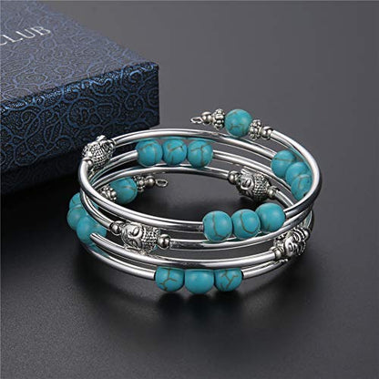 PEARL&CLUB Beaded Chakra Bangle Turquoise Bracelet - Fashion Jewelry Wrap Bracelet with Thick Silver Metal and Mala Beads, Birthday Gifts For Women - color: 58-Turquoise