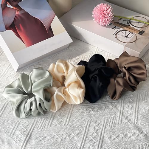 Big Satin Scrunchies for Women, 5.2 Inches Large Scrunchie, Silk Elastic Ponytail Holders for Girls, Jumbo Hair Ties for Thick/Curly Hair, Soft Scrunchy No Crease No Pilling, 4 Pack - color: Black+Brown