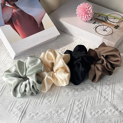 Big Satin Scrunchies for Women, 5.2 Inches Large Scrunchie, Silk Elastic Ponytail Holders for Girls, Jumbo Hair Ties for Thick/Curly Hair, Soft Scrunchy No Crease No Pilling, 4 Pack - color: Black+Brown