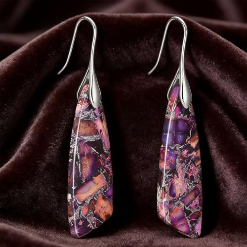 Boho Natural Imperial Jasper Teardrop Dangle Earrings for Women – Hypoallergenic French Hook Stone Drop Earrings Jewelry - color: Purple Silvery Hook