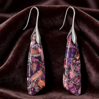 Boho Natural Imperial Jasper Teardrop Dangle Earrings for Women – Hypoallergenic French Hook Stone Drop Earrings Jewelry - color: Purple Silvery Hook