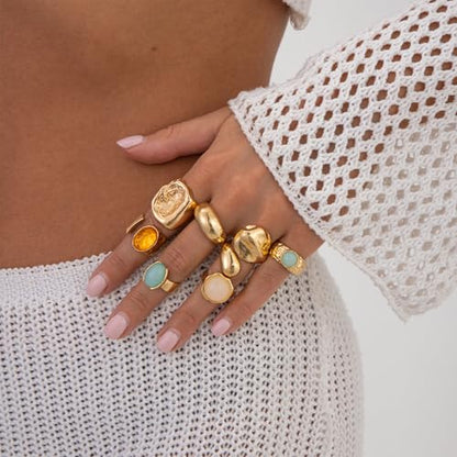 Chunky Rings for Women Stackable Vintage Adjustable Rings for Women Gold Statement Stone Ring Set Non Tarnish Vintage Jewelry - style: Gold 1