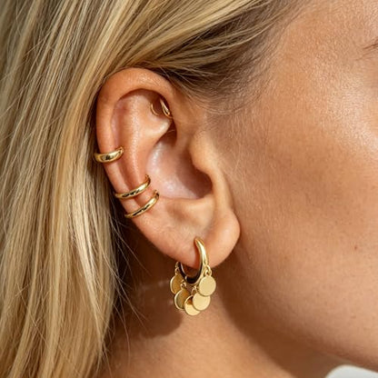 DREMMY STUDIOS Gold Dainty Huggie Hoop Earrings 18K Gold Plated Exquisite Open Tassel Dangle Charm Drop Sleeper Geometric Cross Coin Star Heart White CZ Simple Hypoallergenic Earrings for Women - color: Tassel-Disc