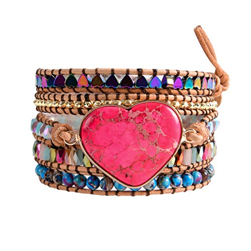 YGLINE Boho Handmade Wrap Leather Tube Crystal Stone Bracelet for Women - color: Heart Jasper