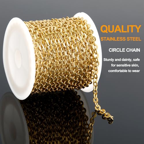 KYUNHOO 16.4 Feet Gold Plated Chain for Necklace Making with Jewelry Clasps | Embossed Circle Chains on Spool Stainless Steel Gold Chain with Lobster Clasps Jump Rings for DIY Bracelet Earring - color: Oval Gold