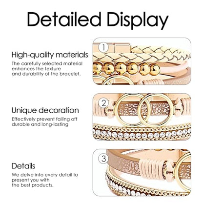 Leather Wrap Bracelets for Women, Boho Leopard Multi-Layer Crystal Beads Cuff Jewelry - color: J-Warp-008
