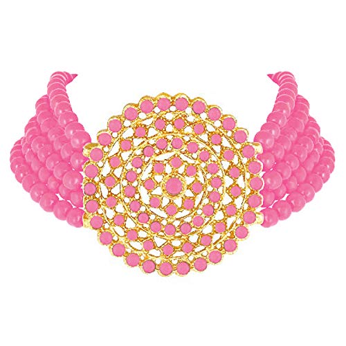 Aheli Pearl Diamond Choker Necklace & Round Earrings Gift for Women Indian Traditional Bollywood Fashion Bharatanatyam jewellery set - color: Pink